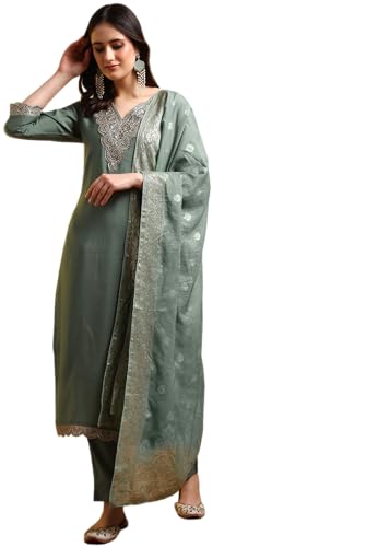 Pantalon kurta droit en soie femme avec poche brodée ensemble dupatta S
