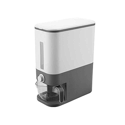 Dispensador de cereales Caja de almacenamiento Tanque de alimentos de plástico automático Contenedor de arroz Organizador Taza medidora Latas de almacenamiento de granos de cocina (Color: Estilo blan