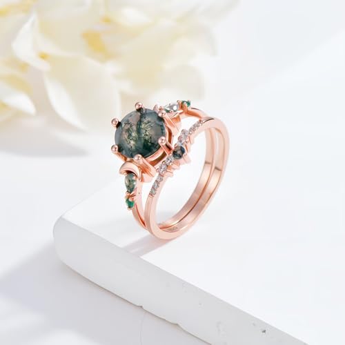 Natural Moss Agate Engagement Rings Set for Women 925 Sterling silver with plated 18k rose gold 2CT Round Green Moon Leaf Art Deco Bridal Wedding Ring Set3