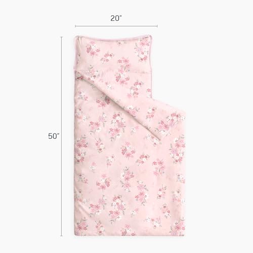 Image of Wake In Cloud - Toddler Nap Mat with Pillow and Blanket, 100% Cotton Fabric, for Kids Girls Ages 3 Plus in Daycare Kindergarten Preschool, Roll Up Sleeping Bag, Floral Flowers