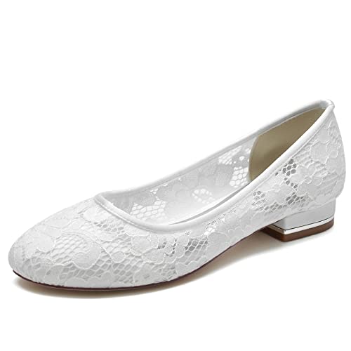 Round Toe Lace Wedding Flats for Bride Comfortable White Wedding Shoes Low Heels Bridal Flats Evening Prom Party Dress Shoes Pumps for Women