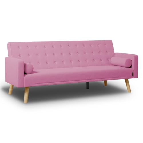 Nalui - Sofá Cama 3 Plazas Acolchado 203x82x78cm One Dots, 2 Cojines y Apertura Clic-Clac con Dif. Grados de Reclinación. Sofá Cama Chaise Longue con Patas de Madera Convertible en Cama Doble | Rosa