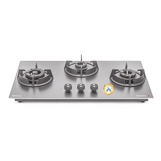 Sujata Gas Stove 3 Burners | 5 Years Warranty | 3 Burner Gas Stove Stainless Steel Auto Ignition, CookTop cum Hob Top, LPG Ready & PNG Compatible, Brass Burner (Osmium - 3 Burner Auto Ignition)
