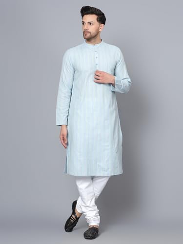 Image of LATEST CHIKAN Men's Cotton Regular Striped Knee Lenght Kurta Full Sleeves - Casual Ethnic Wear