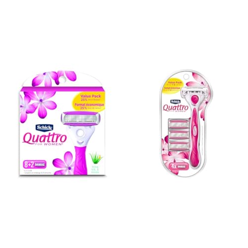 Schick Quattro Ultra Smooth Razor Blade Refills for Women Value Pack, 10 Count & Schick Quattro for Women Value Pack with 1 Razor and 4 Razor Blade Refills