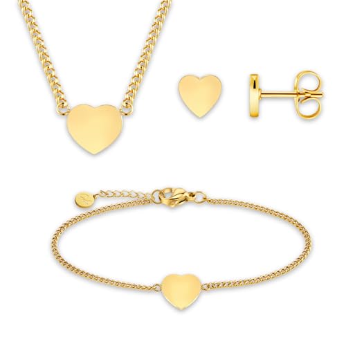 GD GOOD.designs Schmucksets für Damen - Goldenes Geschenkset inkl. Herz Armband, Halskette mit Herzanhänger, Ohrstecker in Herzform | Set Gold