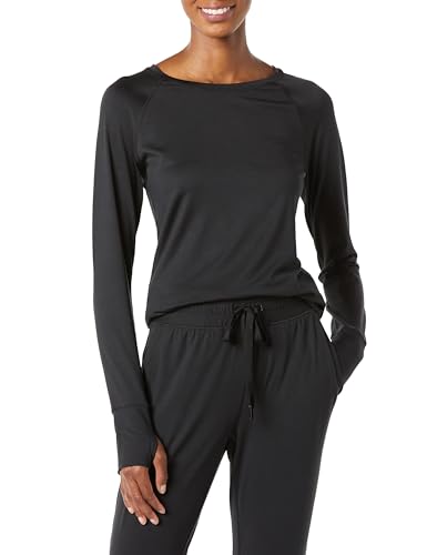 Amazon Essentials Women's Brushed Tech Stretch Long-Sleeve Crewneck Shirt (Available in Plus Size), Black, L
