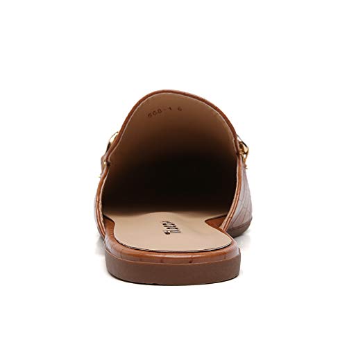 Tilocow Pointed Toe Mules For Women Fashion Brown/Cognac Buckle Flat Mules And Slides Slip On Shoes Ladies Metal Chain Decor Loafers, Medium, Size 8.5 #TOP2