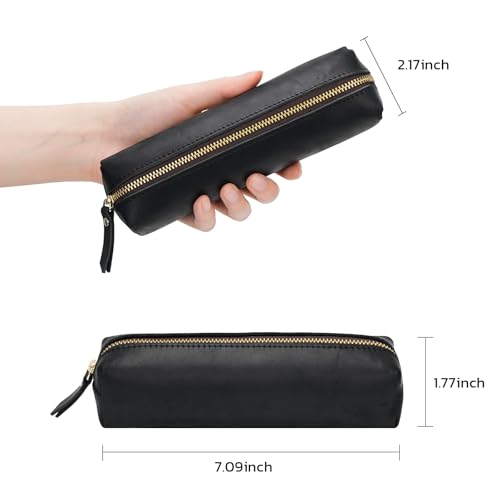 Image of ECHSRT Small Genuine Leather Pencil Pouch for Adults, Black | Crazy Horse Leather Finish, Compact Writing Instrument Storage
