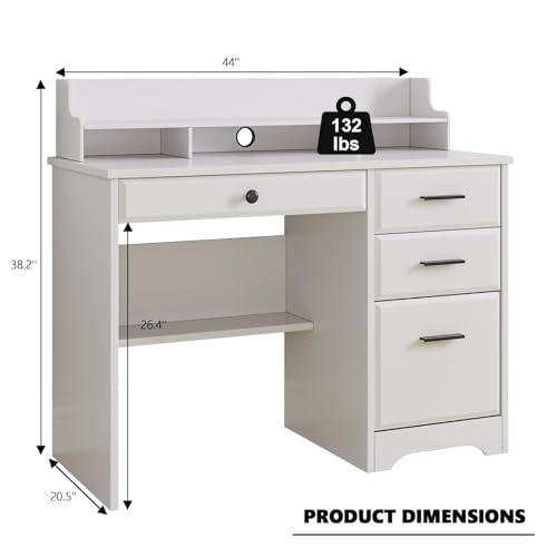4 EVER WINNER White Desk with Drawers, Small Desk with File Drawer for Small Spaces, Writing Desk with Monitor Stand Wood Table for Study Home Office, White