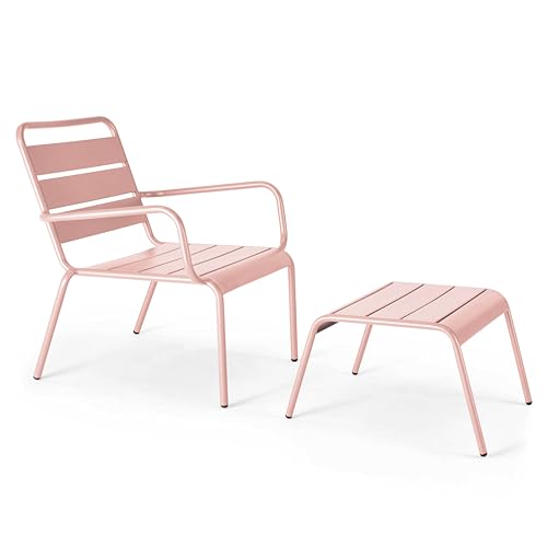 Oviala Fauteuil Relax et Repose Pied en métal Rose poudré - Palavas