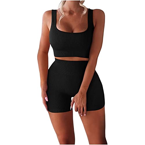 Women Sleeveless Seamless Ribbed Crop Tank High Waist Shorts Yoga Outfits Sets Two Piece Outfits Sweatsuit Matching Sets Black Xl #TOP17