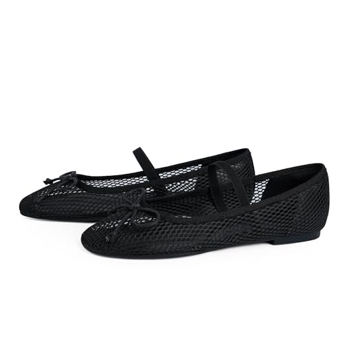 Image of Modatope Mesh Flats for Women Mary Jane Ballet Flats Women Bowknot Bow Closed Square Toe Ballerina Slip on Black Flat Maryjane Shoes Womens Size 8.5