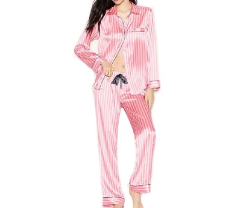 IPUDIS Ensembles de Pyjamas pour Femmes Printemps Automne Pyjama Rayé Boutonné en Satin de Soie Vêtements de Nuit à Manches Longues Pijama Pjs Homewear Loungewear Rosa XS