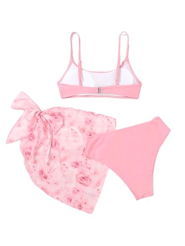 Image of OYOANGLE Girl's 3 Piece Bathing Suits Spaghetti Straps Wireless Mid Rise Swimsuits with Mesh Cover Up Skirt Pink 16Y