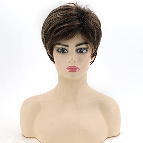 Renershow Short Ombre Brown Highlight Pixie Cut Wigs For White Women Heat Synthetic Side Part Wig With Bangs Dark Brown Mixed Blonde Layer Natural Short Hairstyles For Women #TOP4