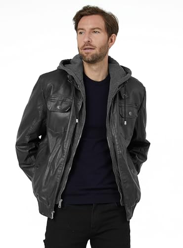 wantdo Men's Faux Leather Jacket Windproof Motorcycle Bomber Jacket Slim Fit Winter Coat with Removable Hood