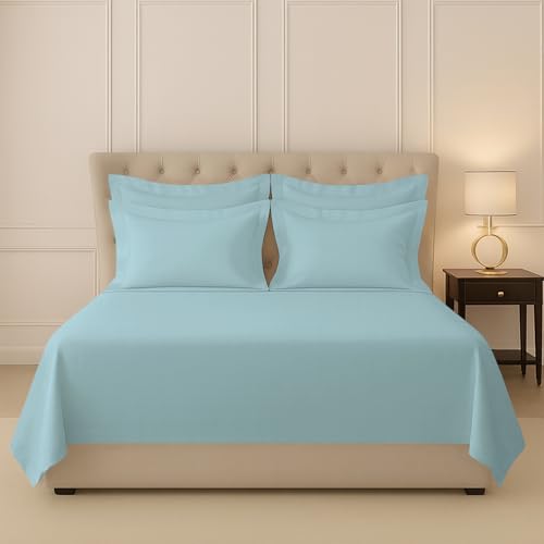 Image of Pizuna 100% Cotton Bedsheet Super King Size Baby Blue, 400 Thread Count Long Staple Combed Cotton Flat Bedsheets 108x108 Inches with 4 Pillow Covers, Bed Sheet for Super King Size Bed