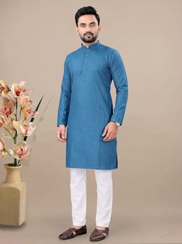 Image of FASHION GALLERY Men's Solid Pattern Polycotton Kurta with Long Sleeve Round Neck Knee Length and Pull On Closure Type|Men Kurta Pajama Set