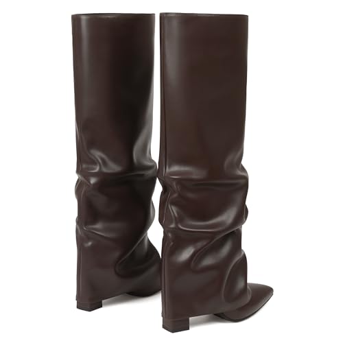 Image of SaraIris Women's Slouchy Knee High Boots - Black, Pointed Toe, Fold Over, Chunky, Shark Boots