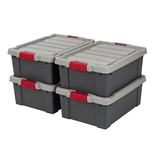 Image of IRIS USA 12 Gallon Lockable Storage Totes with Lids, 4 Pack - Gray, Heavy-Duty Durable Stackable Containers, Large Garage Organizing Bins Moving Tubs, Rugged Sturdy Equipment Utility Tool Box