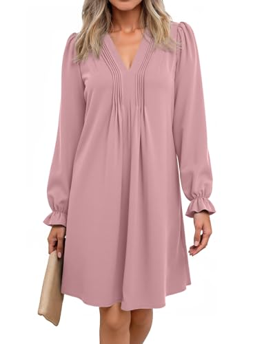 Image of Dokotoo Womens Casual Dress A-Line Ruffle Sleeve V Neck Midi Dress 2025 Fashion Pleated Flowy Sundress Loose Shirt Dresses