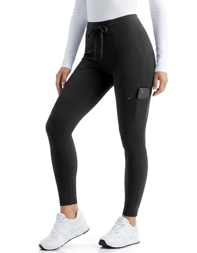 TINYLEMON Scrub Pants for Women High Rise Yoga Waist Cargo Uniform Pants with 6 Pockets 4-Way Stretch Anti-Wrinkle Knit Yoga Waistband Scrub Leggings for All Day Comfort (Black S)