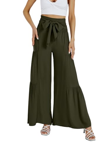 LYANER Women's Casual Tie Front Smocked High Waist Wide Leg Pleated Palazzo Lounge Pant