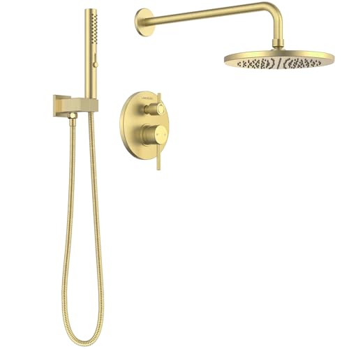 Image of Lava Odoro Modern 2-Setting Round Rain Shower System, Gold Rainfall Shower Faucet Set Rain Shower Head and Handle Set, Shower Valve Trim Kit, 10 Inch, Brushed Gold, SF104-SG