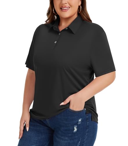 Idtswch Women's Plus Size Polo Shirts UPF 50+ Casual Work Quick Dry 3 Buttons Short Sleeve Collared Golf Shirt Black