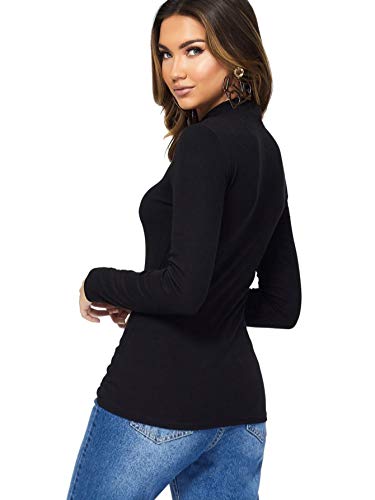WDIRARA Women's Elegant Long Sleeve Mock Neck Solid Rib-Knit Slim Top Black S