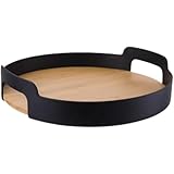 木製トレイ 丸型お盆 和風モダン カフェ・ティー用 天然木 北欧風シンプル キッチン小物 フルーツ盛り付け 業務用 家庭用兼用 軽量 丈夫 おしゃれ 滑り止め 卓上収納 おもてなし用 飲食店対応 (ブラック)