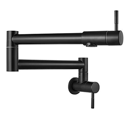 Best Cyber Monday 🔥 Brassqueen Pot Filler Folding Faucet Stretchable Wall Mount Commercial Stainless Steel NPT Kitchen Sink Faucet Matte Black with Double Joint Swing Arm Single Hole Two Handles
