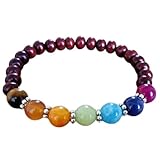 LKBEADS Pulsera elástica redonda multicolor de 7 pulgadas con cuentas de rubí natural de 8 mm, corte liso, 7 chakras y rubí teñido. Regalo unisex y amuleto de la suerte | L_STBC_00068_8.5
