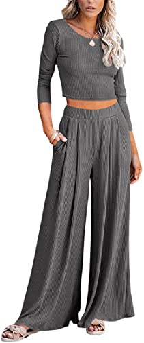 Lveberw Pajamas Set Womens, Lounge Set, Ribbed Crop Top Long Sleeve, Wide Leg Pants - Loose Sweatsuit Knit Sleepwear (Dark Grey, Small) #TOP25