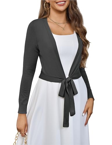 Image of VOIANLIMO Women's Cardigan Knit Sweaters Long Sleeve Cropped Tie Front Bolero Shrug for Dresses S-XL