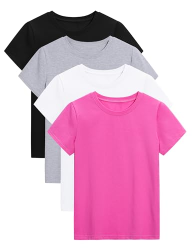 Image of KEREDA 4 Pack Girls Short Sleeve Shirts Cotton T-Shirts Summer Basic Tees Tops Clothes for Kids