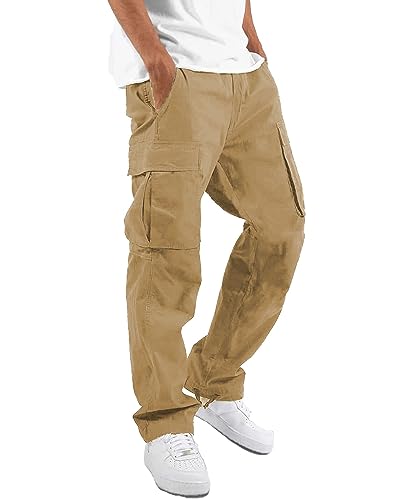 LYRXXX Men's Casual Cargo Pants Hiking Pants Workout Joggers Sweatpants for Men,Khaki,L
