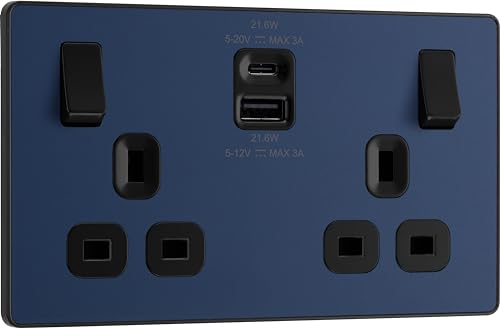 BG Electrical 22W Double Switched Power Wall Plug Socket with Fast Charge Type A and Type C USB Charging Ports, Evolve, Matt Blue, 13A, PCDDB22UAC22B