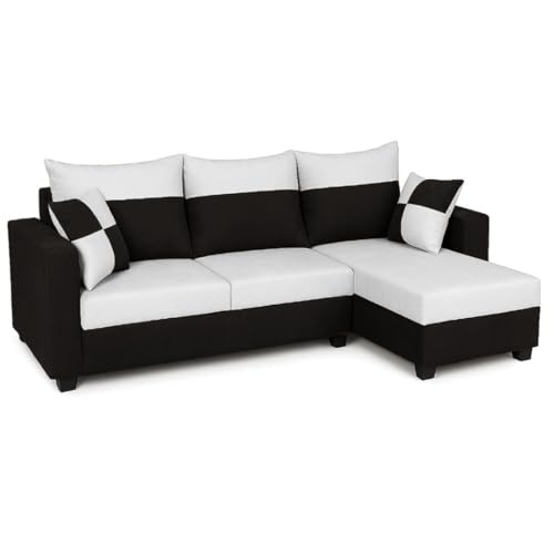Image of FURNY Arissa 4 Seater Fabric RHS L Shape Sofa Set with Extra Cushions (Light Grey-Black) Premium Velvet Finish| Durable Comfort Ideal for Living Room