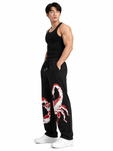 Image of Aesthetic Gothic Wide Leg Pants for Men | Tribal Print Baggy Streetwear | Oversized Track Pants with Elastic Waist | Black and White Relaxed Fit Bottoms