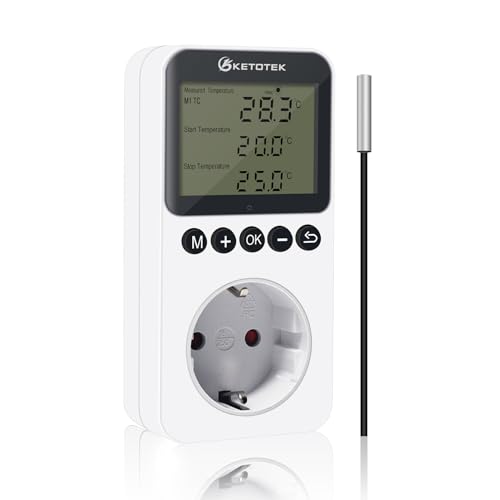 KETOTEK Digital Termostato Enchufe, Controlador de Temperatura Día Noche con Temporizador y Sonda, Calefacción Refrigeración Termostato para Invernadero Incubadora Reptiles