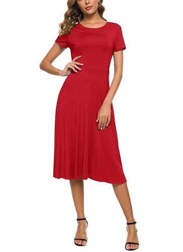 Image of EXCHIC Women's Casual Round Neck Short Sleeve Midi Dress Solid Stretchy Waist Knee Long Dress