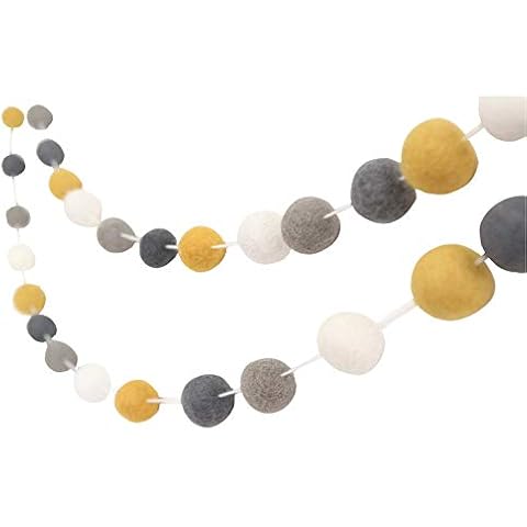 "Don't Worry, Be Happy" 7 ft long- Handmade Felt Ball Garland by Sheep Farm Felt- Mustard, Gray, and White Pom Pom Garland. 2.5 cm balls. Cover