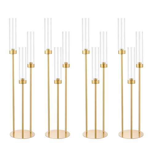 Vincidern 4pcs Gold Candelabra 3 Arm Taper Candle Holders with Acrylic Lampshade, 33.8'' Tall...