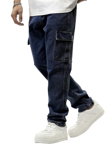 Image of JMIERR Men's Elastic Waist Cargo Jeans Stretch Denim Pants with Drawstring Relaxed Fit for Casual Daily Wear