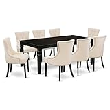 East West Furniture LGFR9-BLK-02 9 Piece Dining Room Set Includes a Rectangle Butterfly Leaf Kitchen Table and 8 Light Beige Linen Fabric Parsons Dining Chairs, 42x84 Inch, Black
