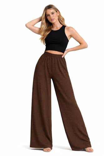 Image of INSAFIANS Women’s Flared Palazzo Trousers – Waffle Knit Wide Leg Lounge Pants with Elasticated Waist (Brown M-L Short)