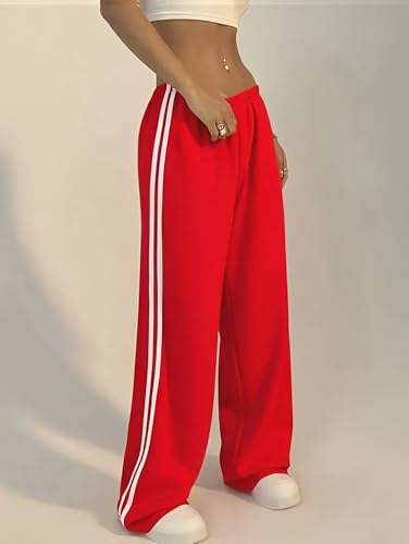 Image of THIRD QUADRANT Women's Wide Leg Track Pants for Women | Black with White Side Stripes | Drawstring Waist (in, Alpha, L)