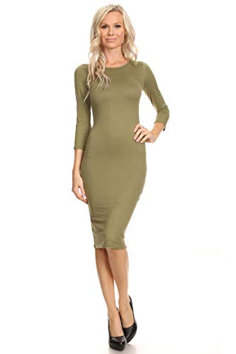ICONOFLASH Women's Olive 3/4 Sleeve Bodycon Midi Dress - Crew Neck Fitted Dress Size Large - Thumbnail 2